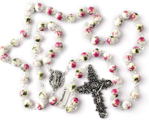 HanlinCC 8mm Round Ceramic Beads with Flower Painting Catholic Rosary Necklace with Maria Center piece and Flower Cross with Leather Gift Box...