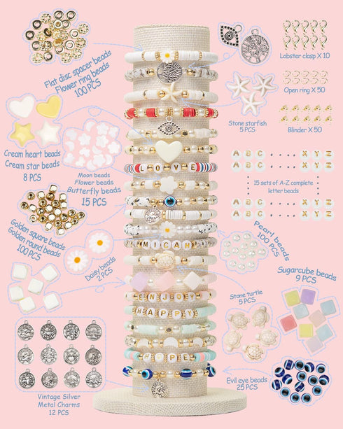 Deinduser Bracelet Making Kit with Stand, 7800pcs Clay Bead Set for Adults, 2Boxes Clay Beads Kit with Gold Round Letter, Number & Pattern Beads, ...
