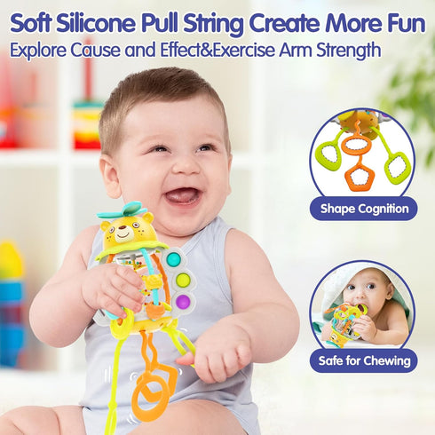 HOLA Montessori Toys for 1 year old Boy-Rattle Teething Toys Baby Toys 0-6 Months Baby Toys 6-12 Months, Silicone Pull String Toys Sensory Toys fo...