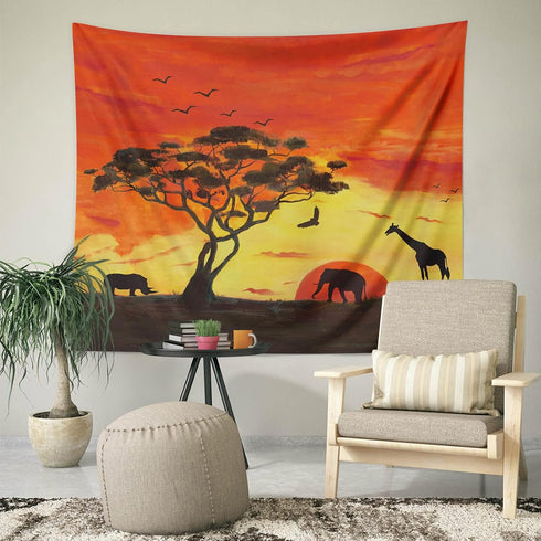 BROSHAN Large Tapestry for bedroom Orange, African Wildlife Tree at Sunset Nature Landscape Tapestries Wall Hanging Fabric for Home Dorm Office Wa...