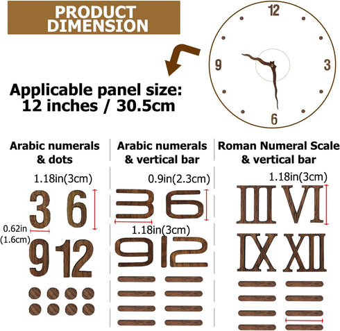 3 sets Clock Hands and Numerals, CNYMANY Walnut Wood DIY Digital Clock Numbers Wall Clock Hands Replacement Parts, Clock Movement Mechanism Kit Cl...
