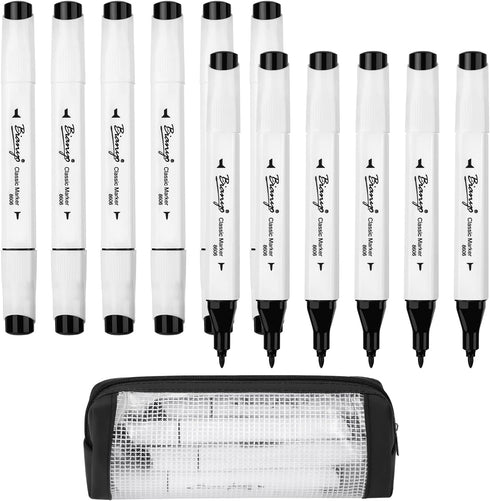 Bianyo Black Alcohol Markers Set, Set of 12, Dual Tip Bullet & Chisel Art Marker Set with Pen Case for Drawing, Sketching, Outlining, Highlighting...