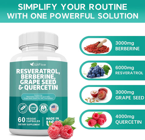 NEW Resveratrol 6000mg Berberine 3000mg Grape Seed 3000mg Quercetin 4000mg,Polyphenol Supplement for Women and Men with Red Wine Pomegranate Noni ...