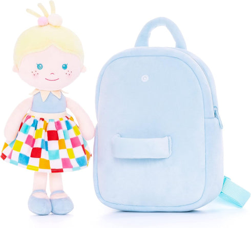 Toddler Kids Backpack with Soft Baby Dolls in Plaid Dress 9.5"...
