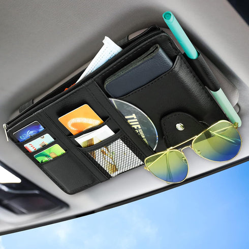 Car Sun Visor Organizer, Leather Pocket Organizer Sunglass Holder for Car Interior Accessories with Multi-Pocket Net Zipper (Black)...