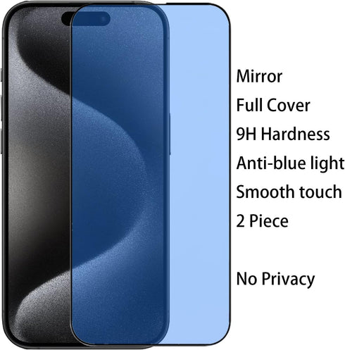 2 Pack Anti-Blue Tempered Glass Mirror Screen Protector Film for iPhone 15 Pro, 6.1 inch 9H Hardness Anti-scratch Full Covered (Blue)......