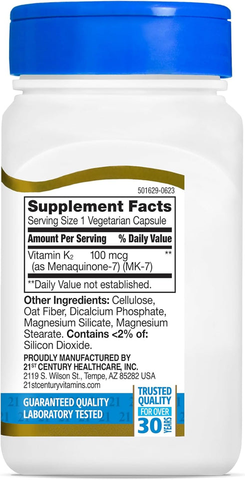 21st Century Healthcare Vitamin K2 (MK-7) 100 mg Vegetarian Capsules, 110 Count...