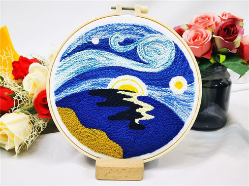 Abillyn Punch Needle Embroidery Starter Kit for Beginner, Punch Needle Fabric with Starry Sky Pattern, Embroidery Hoops and Embroidery Pen (Moonli...