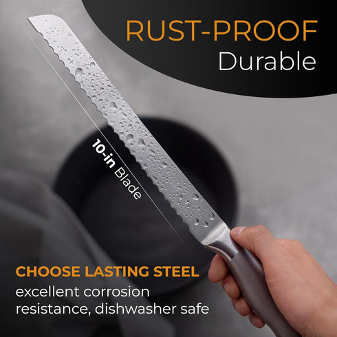 Orblue Serrated Bread Knife with 10-inch Upgraded Stainless Steel Razor Sharp Wavy Edge Width - Bread Cutter Ideal for Slicing Homemade Bagels and...