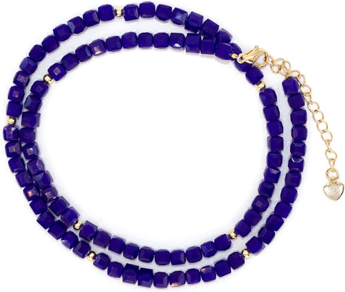 Blue Cubic Zirconia Beaded Choker Necklace for Women Royal Blue Cubic Necklace 4mm Faceted Bead Necklace 17in+2in Extension Chain...