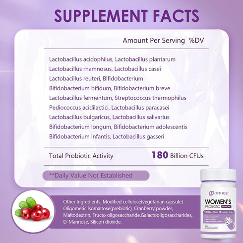 Women's Probiotic 180 Billion CFUs, 18 Strains, with Organic Prebiotics+Cranberry Extract & D-Mannose, for Digestive, Boost Immune, Women's Health...