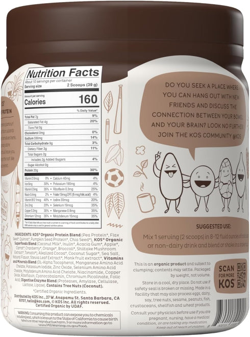KOS Vegan Protein Powder, Chocolate USDA Organic - Low Carb Pea Protein Blend, Plant Based Superfood with Vitamins & Minerals - Keto, Soy, Gluten ...