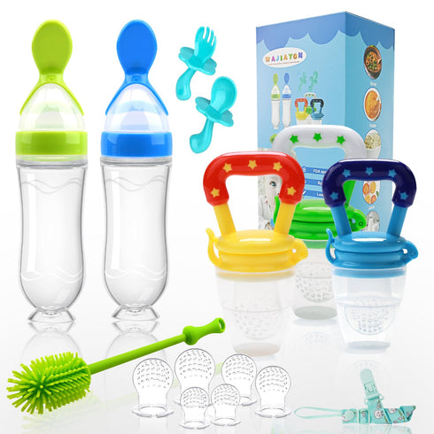 Food Feeder Baby Fruit Feeder Pacifier (3 Pcs) with 6 Different Sized Silicone Pacifiers 2 PCS Silicone Baby Food Dispensing Spoon 90ML with 2 Bab...