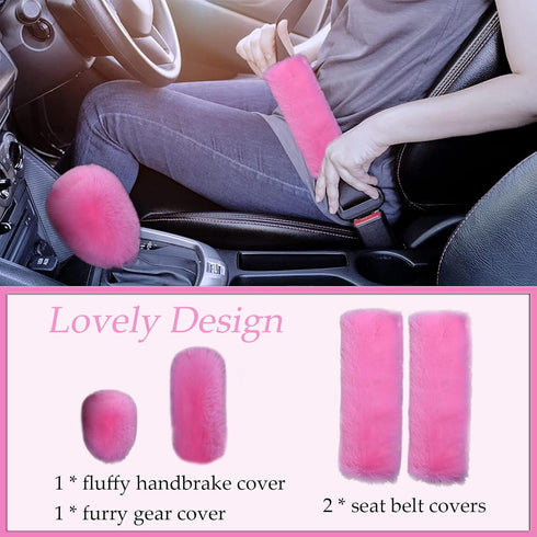 1 Set 8 Pieces Fluffy Car Accessories Set for Women,Fuzzy Steering Wheel Cover Cute Car Accessories with Gear Shift Cover,Handbrake Cover 15 Inche...