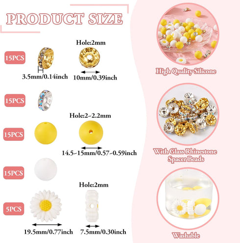 Craftdady Daisy Flower Silicone Focal Beads Kit 30Pcs 15mm Round Beads Yellow White Glass Rhinestone Spacer Beads for Spring Crafts DIY Beadable P...