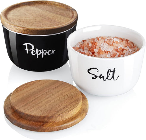 Salt and Pepper Bowls, 10 oz Salt Cellar with Lid, Stacked Ceramic Salt Pepper Container with Acacia Wood Lid, Salt Box for Countertop, Black and ...