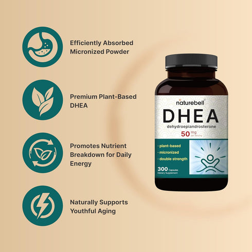 NatureBell DHEA 50mg, 300 Capsules | Micronized Grade for Better Absorption – Plant-Based DHEA Source – Supports Energy Levels & Healthy Aging for...