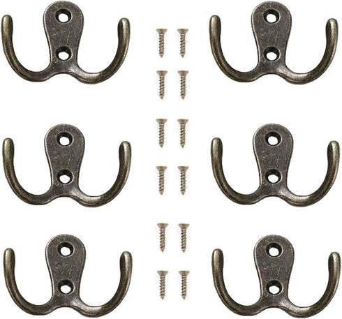 6 Pcs Double Prong Robe Hooks, Dual Coat Hooks Wall Mounted Hanging Clothes for Bathroom Bedroom Door Wall Retro Metal Cloth Hanger Double Coat Ho...