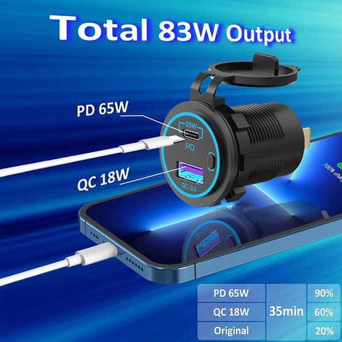 83W USB C Car Charger Socket 12V/24V Multiple USB Outlet with Power Switch, 65W PD3.0& QC3.0 Fast Charge Car USB Port Socket for Car Boat Marine T...