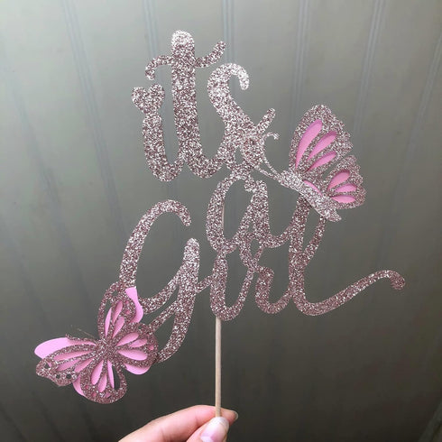 ALISSAR New Double Sided Rose Gold Butterfly Baby Shower Cake Topper Set, It's A Girl Cake Topper and 16 Pieces Pink Butterflies Cupcake Toppers f...