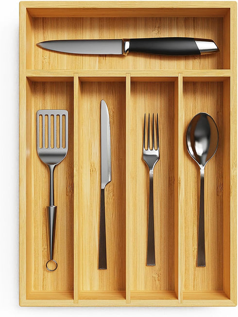 Bamboo Kitchen Drawer Organizer - Silverware Organizer for Kitchen Drawers - Utensil Tray and Flatware Storage for Kitchen - Flatware Organizer - ...