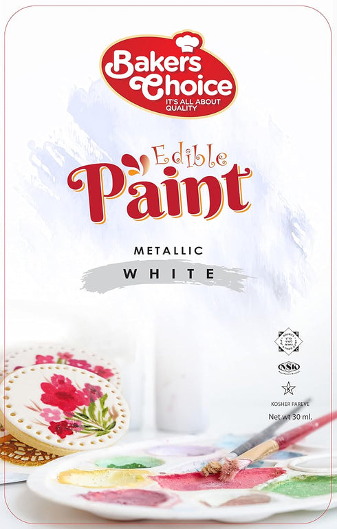 Metallic White Edible Paint, 30 ml - White Food Coloring For Cakes, Cookies, Cake Pops and Candies - Use Brushes, Air Brush, Sponge - Quick Dry, N...