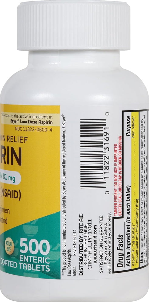 Rite Aid Aspirin Enteric Tablets - 81 mg Aspirin - 500 Count - Low-Dose for Headache Relief - Safety Coated - Aspirin Regimen - Migraine Medicine ...