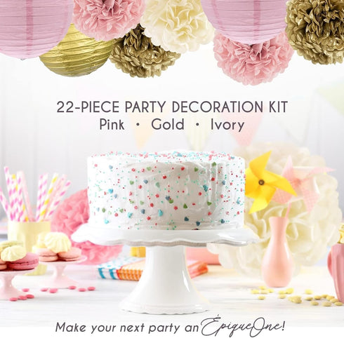 EpiqueOne 22-Piece Tissue Paper Pom Poms Party Set - Pink, Gold & Ivory | Includes 12 Pom Poms, 6 Paper Lanterns, 3 Honeycomb Balls & 1 6.5 ft. Ga...