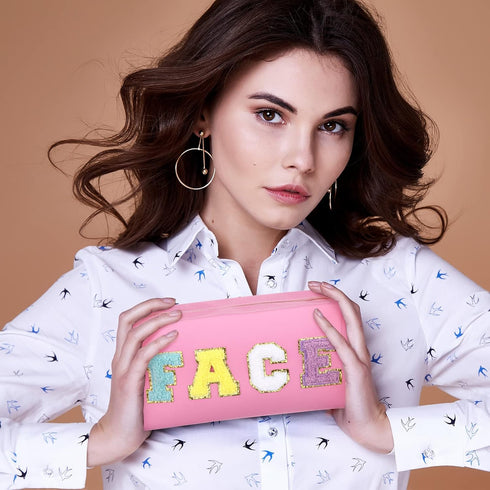 4 Pcs Large Chenille Letter Patch Makeup Bag Skin Stuff Hair Face Bag Preppy Patch Makeup Cosmetic Bag Toiletry Zipper for Women Teen Girl(Letters...