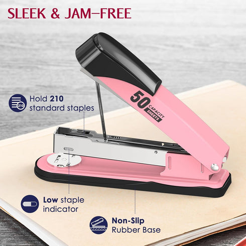 Metal Stapler Heavy Duty 50 Sheet Capacity with 1750 Staples and Staple Remover, Pink Stapler Full Strip Staplers for Desk, No Jam, Non-slip Offic...