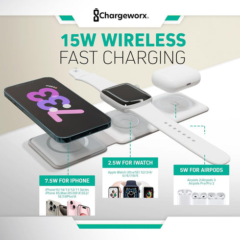 3-in-1 Wireless Charging Pad w/Foldable Travel Stand, Rapid 15W Station Charges 3 Devices, Compatible with iPhone, AirPods & Apple Watch...
