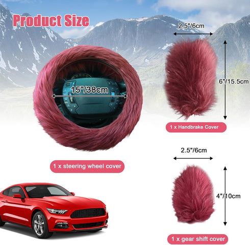 3pcs Fluffy Wine Red Steering Wheel Cover, Fashion Fuzzy Plush Car Steering Wheel Cover with Handbrake Cover & Gear Shift Cover Winter Fur Warm Ve...