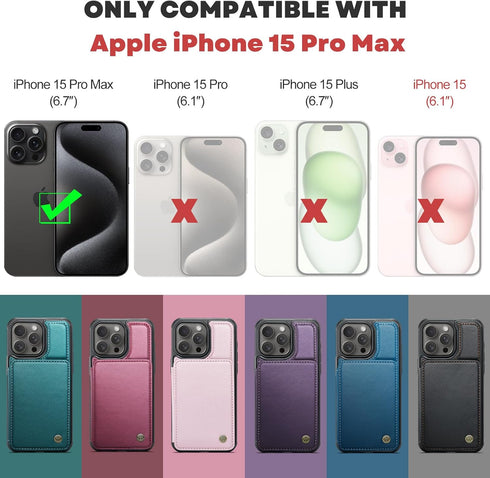 for iPhone 15 Pro Max Wallet Case with Card Holder, Case for iPhone 15 Pro Max with RFID Blocking for Women Men, Durable Kickstand Shockproof Phon...