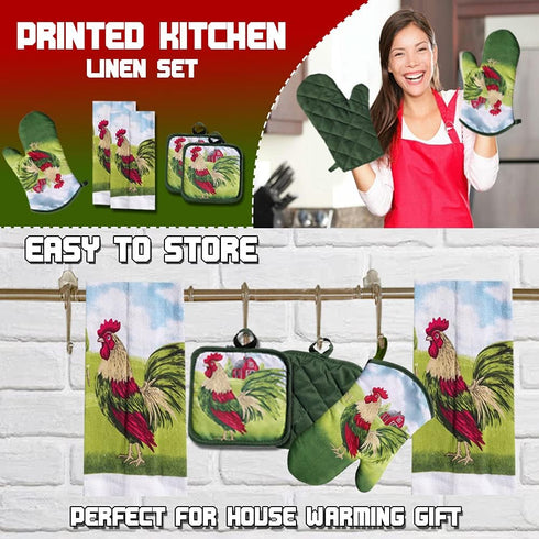 Lobyn Value Packs: 5-Piece Country Kitchen Towel Set – Proud Rooster & Red Barn Motif, 2 Lightweight Terry Cloth Dish Towels Quilted Oven Mitt & 2...