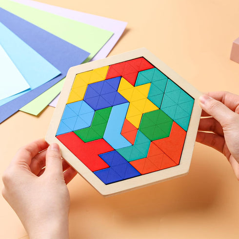 3 otters Wooden Hexagon Puzzles, Brain Teaser Blocks for Kids Montessori Educational Toys Shape Pattern Block for All Ages Boys Girls...