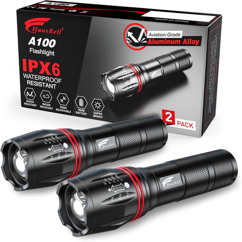 HAUSBELL LED A100 Flashlight Bright, Zoomable Tactical Flashlights Flash Light with 2000 High Lumens and Five Modes for Emergency and Outdoor Use ...