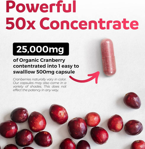 Organic Cranberry Pills - 50:1 Concentrate Equals 25,000mg of Fresh Cranberries (Vegan) for Urinary Tract Health & Kidney Cleanse - Cranberry Pill...