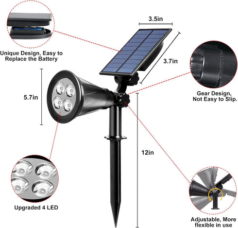 T-SUN Solar Spotlight LED Outdoor Wall Light, IP65 Waterproof, Auto-on At Night/Auto-off by Day, 180°angle Adjustable for Tree, Patio, Yard, Garde...