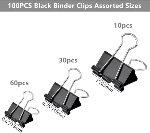 100pcs Binder Clips Assorted Sizes, Black Paper Clamps, Medium, Small, Mini 3 Sizes with Box for Office, School and Home...