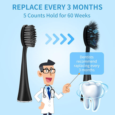 Replacement Toothbrush Heads for Burst Sonic Toothbrush with Dust Cover Caps, Soft Charcoal Bristles for Deep Clean, Black, Pack of 5...