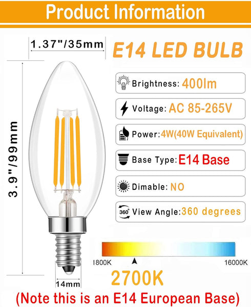 E14 Base LED Filament Candle Shape Light Bulb,E14 European Base Bulb,Warm White 2700K 400LM 40W Equivalent,C35 Clear Glass Torpedo Shape Bullet To...