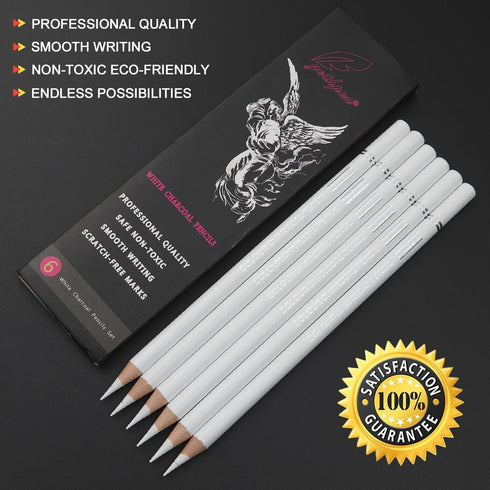 Professional White Charcoal Pencils Set - 6 Pieces Sketch Highlight White Pencils for Drawing, Sketching, Shading, Blending, White Chalk Pencils f...