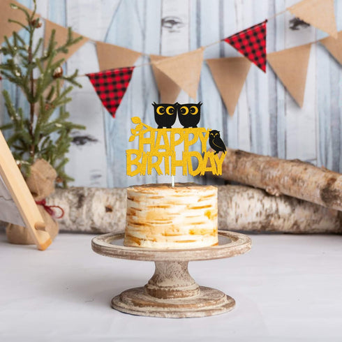 Owl Cake Topper Happy Birthday Sign Cake Decorations for Owl Themed Kids Boy Girl Birthday Baby Shower 1st Bday Party Supplies Gold GoldSparkle Dé...
