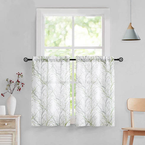 FMFUNCTEX Sage Green Kitchen Curtains with Tree Branch Pattern - Semi Sheer Linen Tiers for Bathroom, Cafe - 24 Inch Length, Grey Farmhouse Rustic...