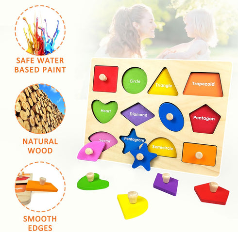 Wooden Shape Peg Puzzles, Montessori Educational Toy Baby Puzzle, 12 Geometric Shape Puzzle with Board Knob, Preschool Wooden Puzzles for Toddlers...