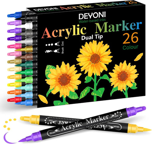 Dual Tip Acrylic Paint Pens, 26 Colors, Medium and Brush Tips, Ideal for Rock Painting, Ceramic, Wood, Plastic, Calligraphy, Scrapbooking, Card Ma...
