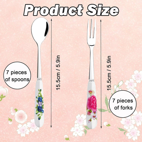 14 Pcs Dessert Forks and Spoons Silverware Set,Stainless Steel Cutlery Forks,Mini Coffee Spoons Pastry Forks with Porcelain Handles,Cake Forks Tea...