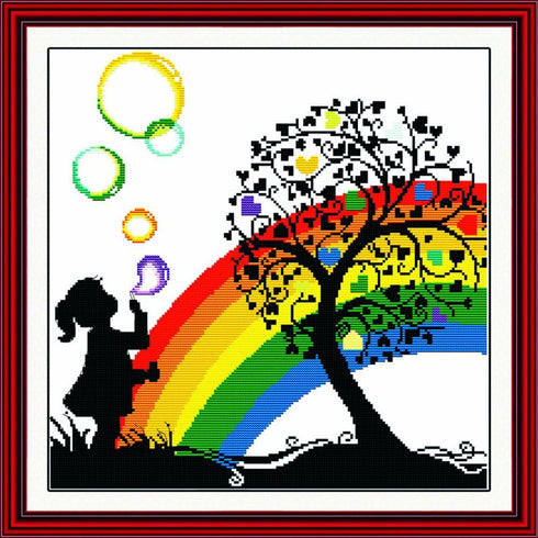 Benway Counted Cross Stitch Little Girl Playing with Colorful Bubbles in The Heart Trees 14 Count 42cm X 41cm......