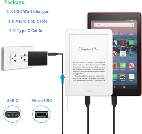 Charger Fit for Kindle Fire Tablet with 5Ft Type-C and Micro USB Cable for Charging Fire HD 6 7 8 10/Fire Max 11/Fire Plus/Kids/Kids Pro/HD HDX/Ki...