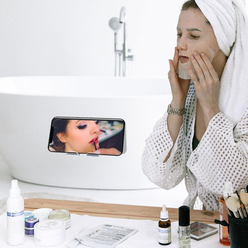 Daily Treasures 2Pcs Mirror Wall Phone Holder, Adhesive Wall Mount Cell Phone Stand Acrylic Phone Wall Mount for Bathroom Kitchen Shower Dorm Mirr...